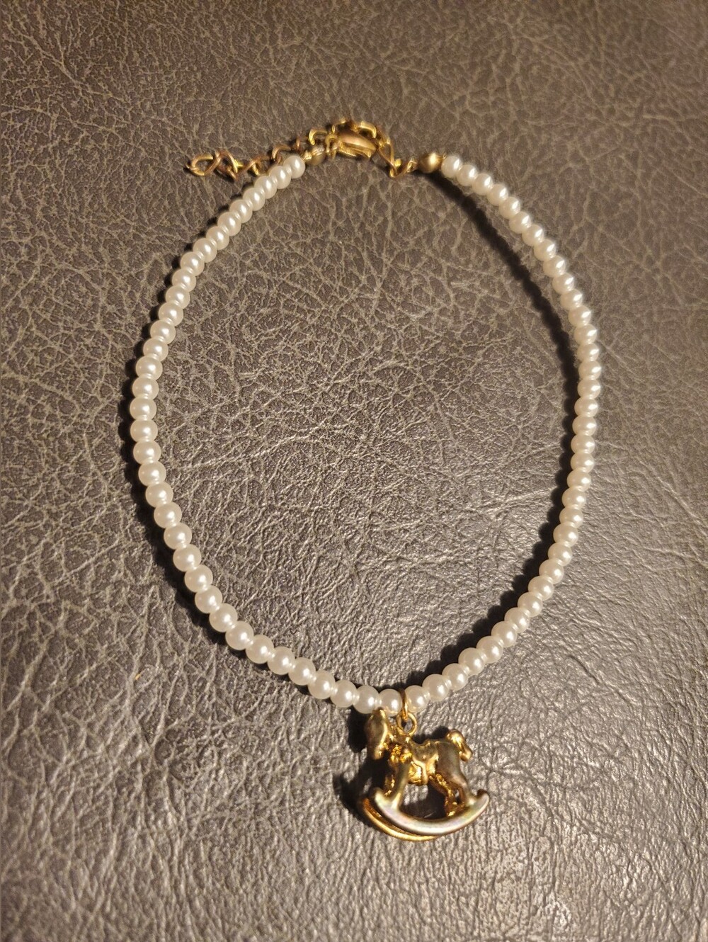 Pearl Beaded Anklet with Gold Rocking Horse Charm - White